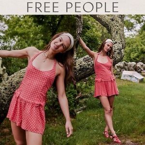 Free people High Strung Playsuit Romper Shorts Red White Polka Dots Bows Halter